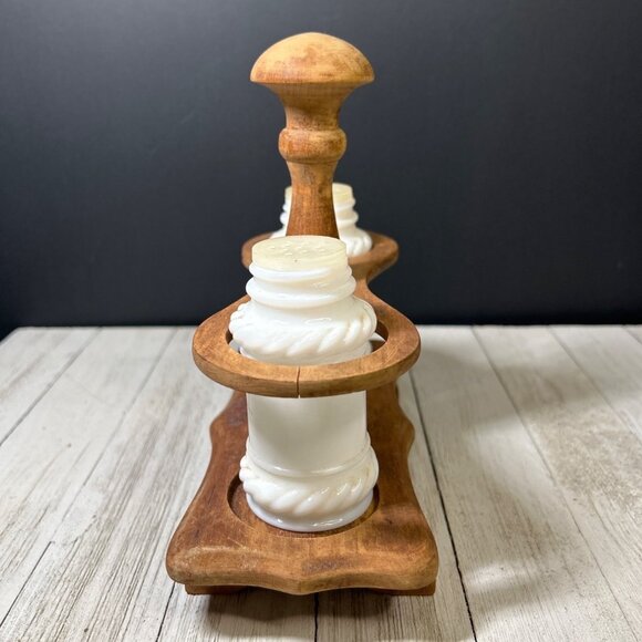 Vintage Milk Glass Salt and Pepper Shakers Rope Design with Wooden Stand - Picture 2 of 4